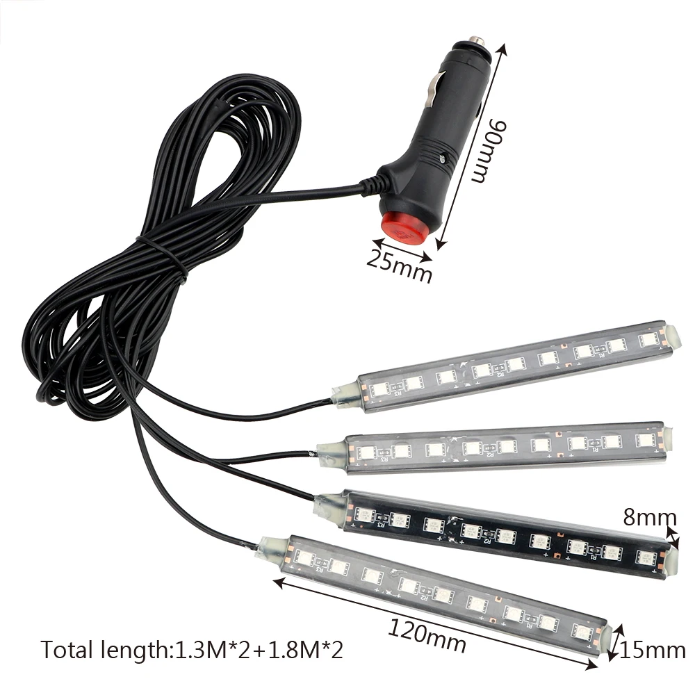 Dash Floor Foot Strip Lights Auto Decorative Lamp Cigarette Lighter Adapter 9 LED 4 In 1 Car Interior Atmosphere Lights