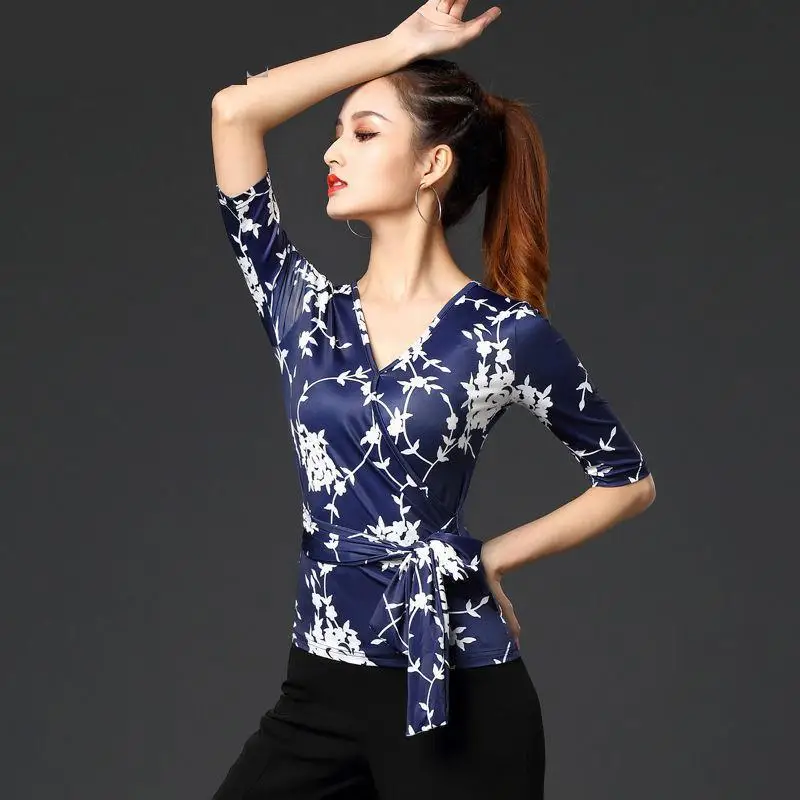 New Fashion Print Latin Dance Top Adult Female Half Sleeved Practice Clothe Women Ballroom Dance Stage Performance Dance Costume