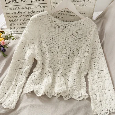 Korean Style Loose Hollow Lace Shirt for Female, Kpop Tumblr, Thin Sleeve Top, Crochet Design, New Arrival,Autumn