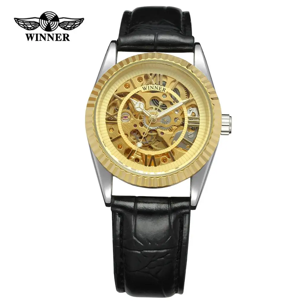 WINNER Casual fashion men's and women's leather strap watches gold round dial watches automatic mechanical wrist watches