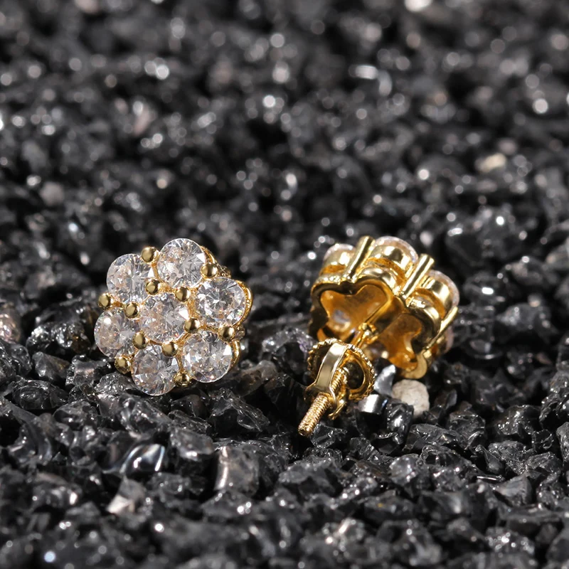 Hip Hop Claw Setting CZ Stone Bling Ice Out Plum Blossom Flower Stud Earring for Women Men Unisex Rapper Jewelry