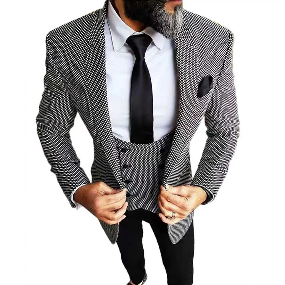 

Houndstooth Fabric Men Suits For Wedding Groom Tuxedos Jacket Black Pants Vest Latest Style Blazer Waistcoat 3 Pieces