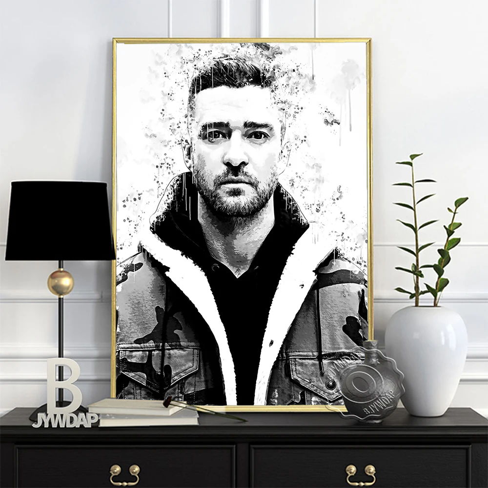 

Justin Timberlake Black White Poster, American Actor Singer Handsome Men Portrait Art Prints, Watercolour Minimalism Wall Decor