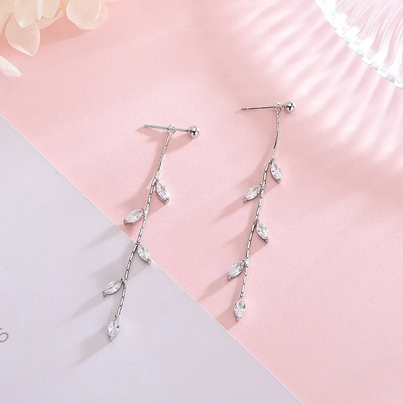 HuiSept Fashion 925 Silver Earrings with AAA Zircon Gemstone Leaf Shape Long Tassels Drop Earring for Women Wedding Gift Jewelry