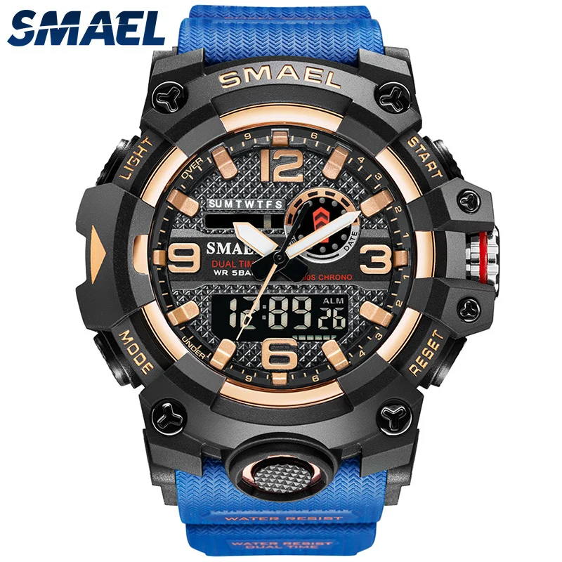 SMAEL Orologi sportivi da uomo Dual Time Orologio digitale al quarzo 50m Orologio impermeabile Orologio militare a led Sport 8035 Orologi da uomo