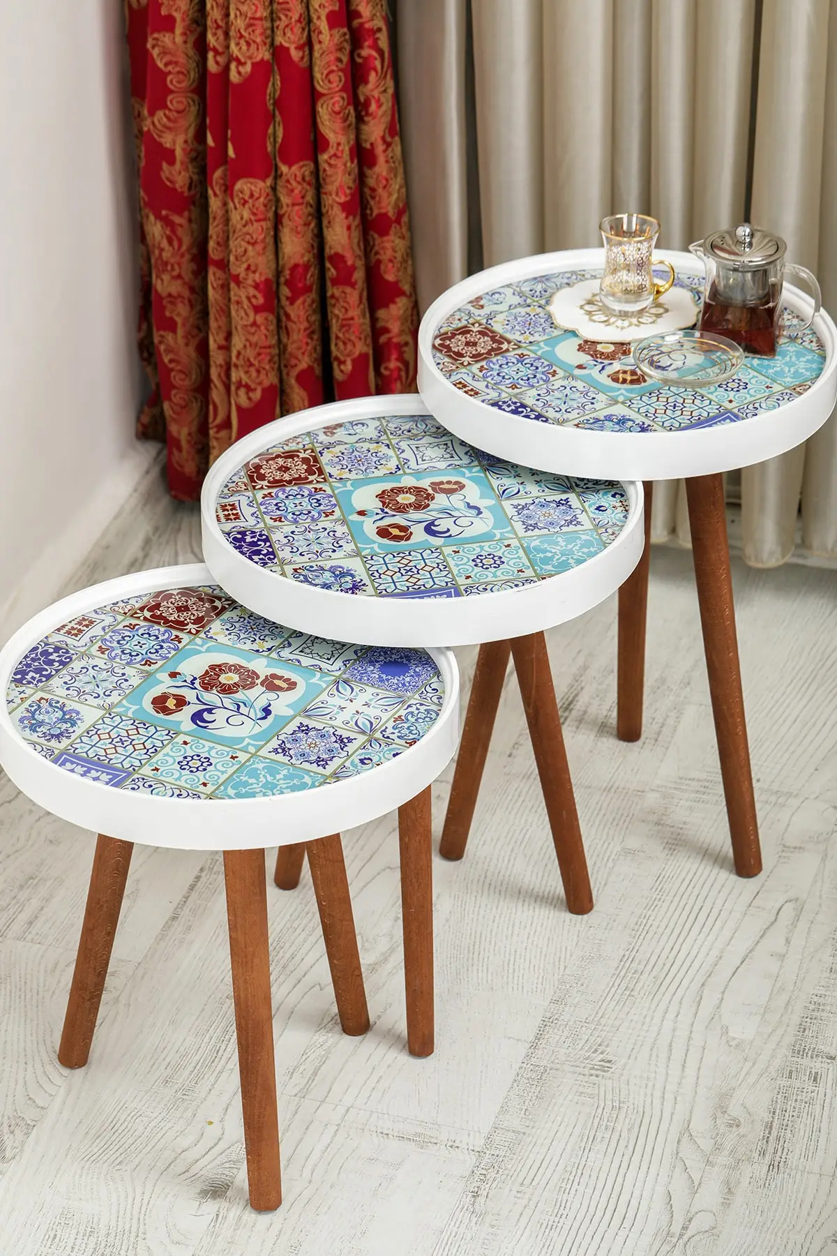 Table basse Zigon, 3 pièces, verre rétro, impression spéciale