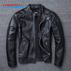 Top Layer Cowhide Slim Fit Stand Collar Motorcycle Suit Men's Leather Jacket Soft Cowhide Large Size Jacket Fashion