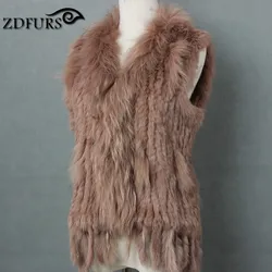 FXFURS-Colete de pele real natural de coelho com gola de pele de guaxinim, colete tricotado, jaqueta de inverno para mulheres, moda 2020