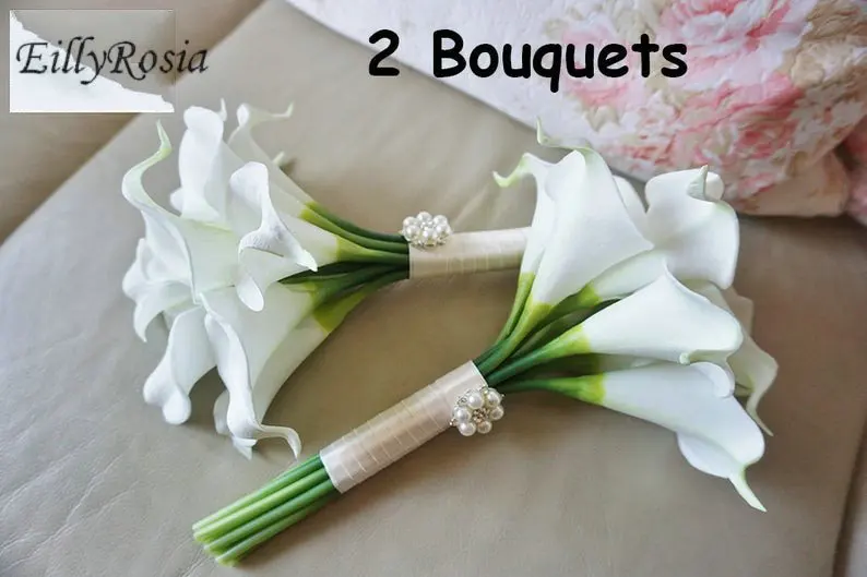 Buquê de dama de honra branco cala lírio toque real feito à mão cor segurando flores boho buquê de casamento fleur artificielle