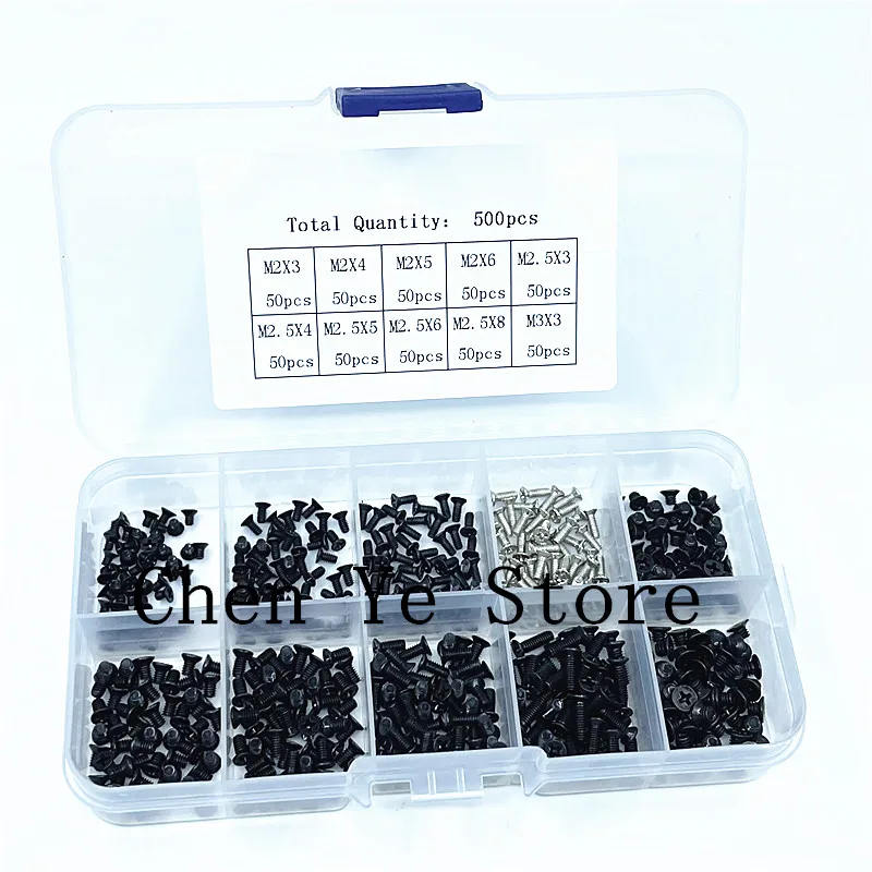 Free Shipping 500Pcs M2 M2.5 M3 Screw Flat Head  Machine Screws Laptop Notebook Screws Set Kit computer small Black Bolts