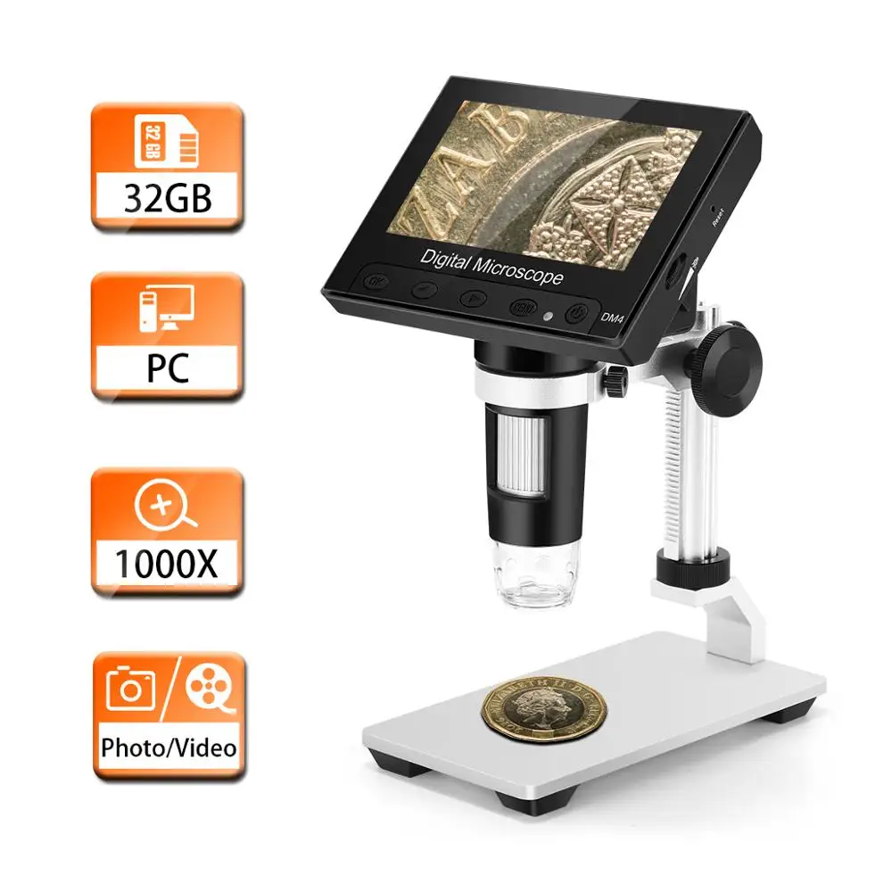 4.3 inch FHD 1080P Portable Microscope 500X/1000X Magnification Camera Lens 2.0MP Video Recorder with 8 Adjustable LED Lights