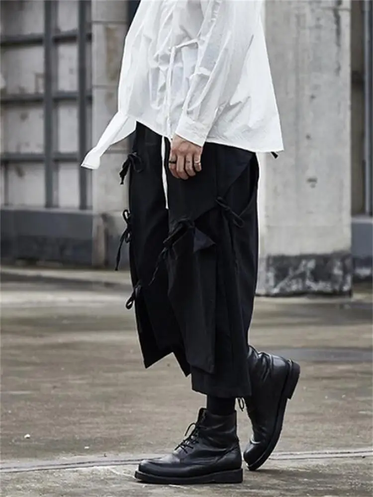 Men's Trouser Skirt Spring And Autumn New Classic Dark Personality Irregular Lacing Design Loose Large Size Wide Leg Pants