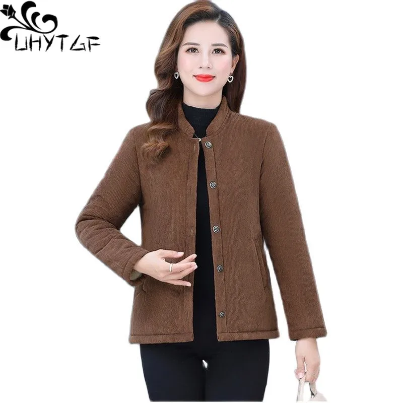 

UHYTGF Womens Autumn Winter Jacket Quality Corduroy Casual Warm Tops Outerwear Female Solid Wild Mother 4XL Loose Size Coat 2298