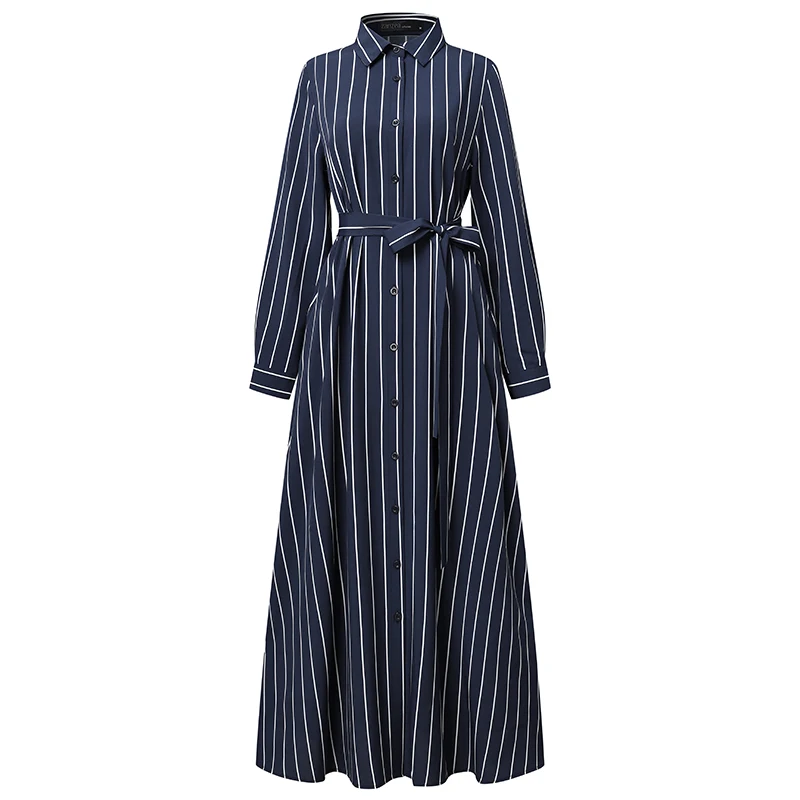 Casual Turkey Abaya Hijab Dress ZANZEA Vintage Women Muslim Dress Fashion Lapel Neck Long Sleeve Striped Shirt Dress Femme Robe