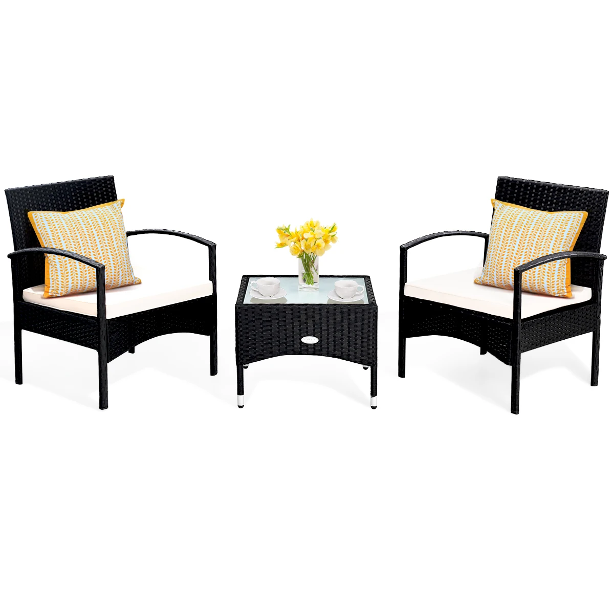 Costway 3 PCS Furniture Set Table & 2 Chair Patio Wicker Rattan W/Cushion