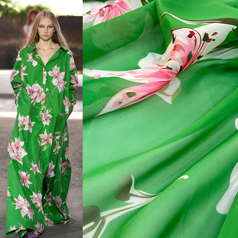 

Luxury Brand Printed Polyester Chiffon Green Fabric Thin See-through Clothing Women's Shirt Fabrics Cloth for Dress Per Meter