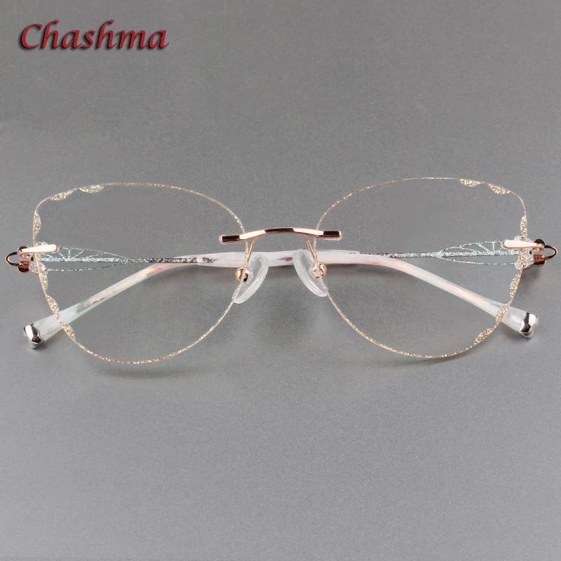 Chashma Cat Eye Titanium Prescrpiton Glasses Diamond Women Rimless Optical Frames Tint Colored Lenses