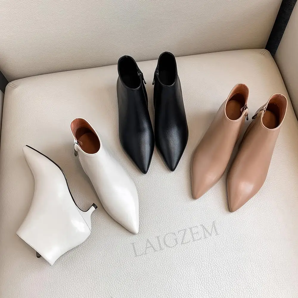 LAIGZEM FASHION Women Ankle Boots Genuine LEATHER Side Zip 4.5CM Kitten Heels Booties Ladies Shoes Woman Big Size 33 38 39 40