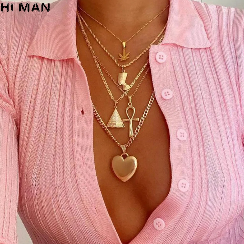 HI MAN Vintage Exaggerated Maple Leaf Ancient Egypt Pharaoh Pyramid Heart Fashion Sexy Multi-layer Metal Women Jewelry Necklace