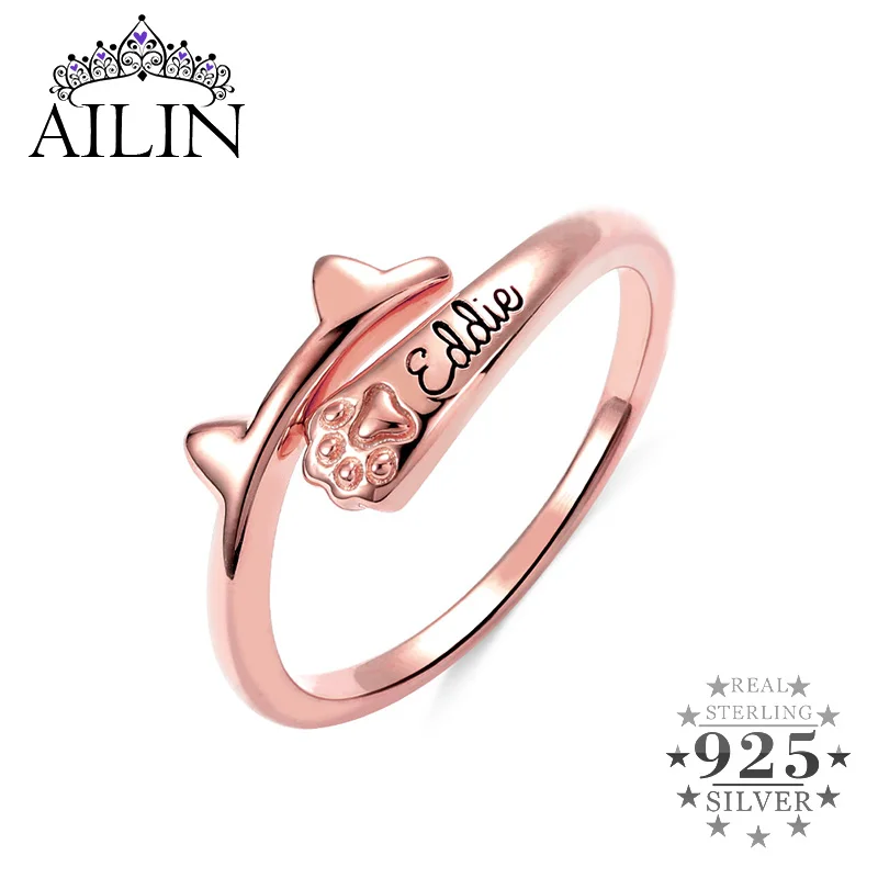 

AILIN 925 Sterling Silver Rings For Women Personalised Name Ring With Cat Ear Paw Custom Pet Jewelry Best Friends Gifts