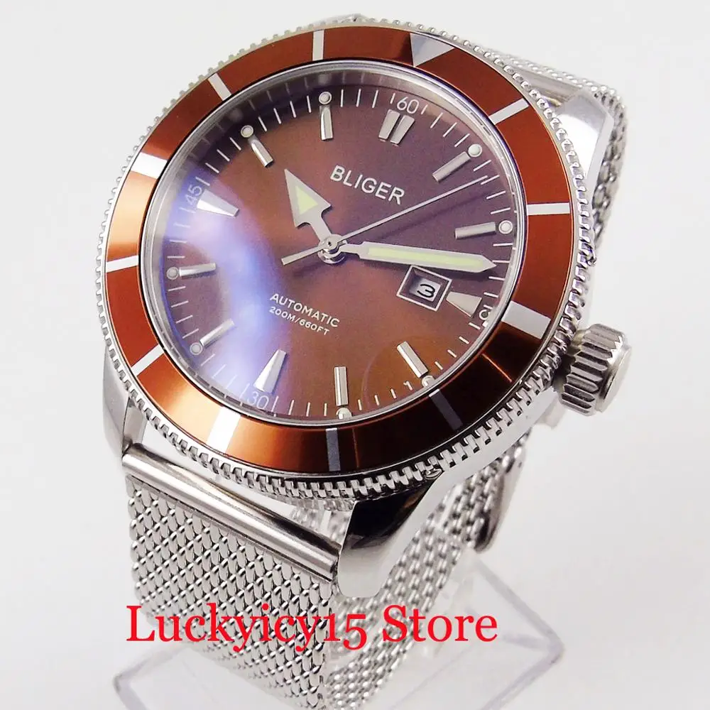 Coffee BLIGER Classic 46mm Stainless Steel Automatic Men Watch Date Function Date Window Rotating Bezel