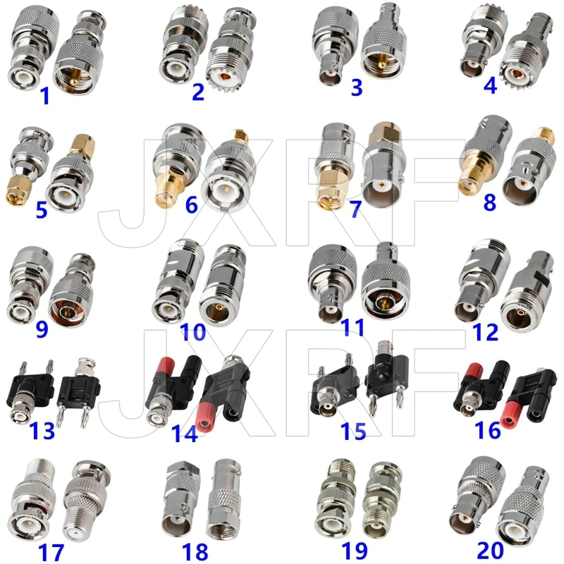 JXRF Connector 1PCS BNC Male Female to PL259 SO239 UHF SMA TNC N F Type Male Femal Dual 4mm Banana binding post Adapter Test kit