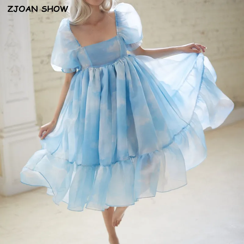 2022 Summer Blue Color Cloud Tie dye Organza Ball Gown Dress Puff Sleeve Retro Women Swing Short Dresses Fairy Cake Vestidos