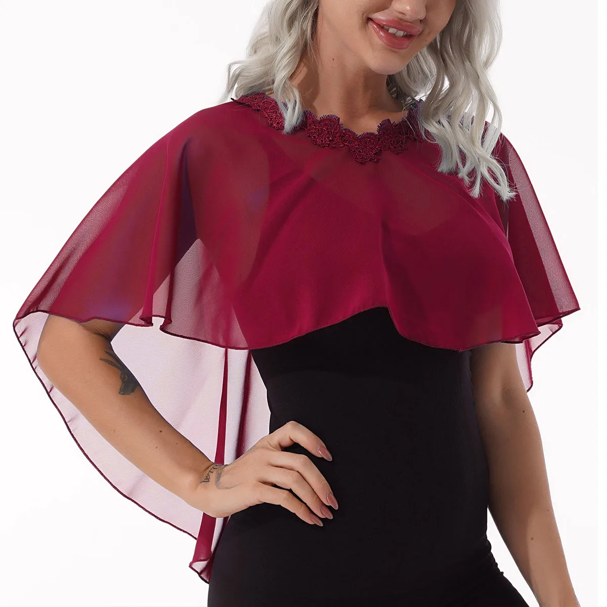 Poncho in Chiffon da donna Bolero giacca a tracolla leggera ed elegante sciarpa corta a portafoglio Top per abito da sera da sposa da sposa