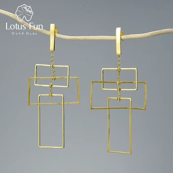 Lotus fun real 925 sterling silver fine jewelry fashion elements 18K gold geometric rectangle design dangle earrings for women