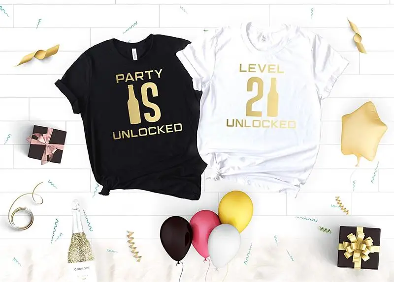 

Level 21 Party Is Unlocked Fashion Birthday Girl Tshirt Funny Letter Print Gold Cotton Women Shirt O Neck Short Sleeve Top Tees