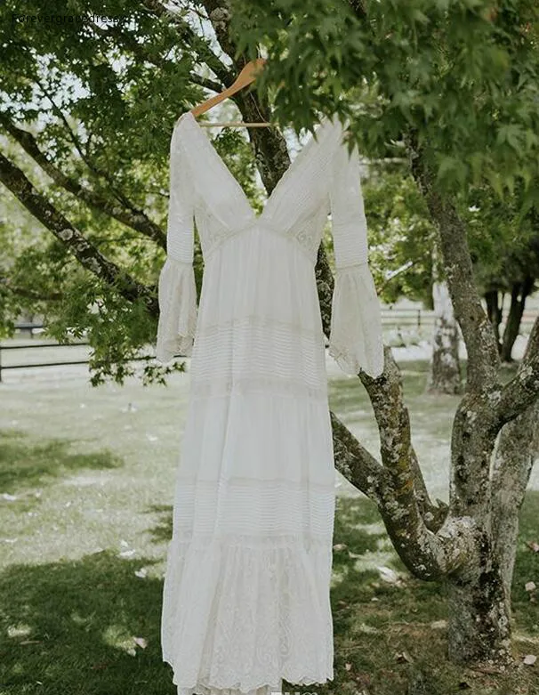 Vestido de noiva feminino, vestido de casamento boêmio, elegante, com decote em v, mangas compridas, feito sob medida, tamanho grande