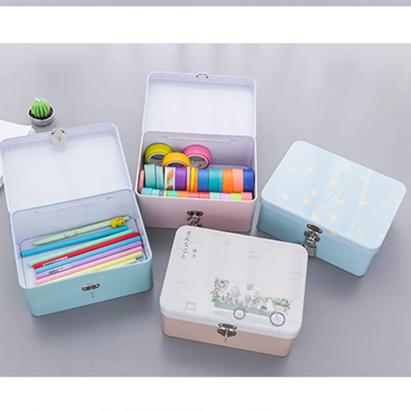 

Portable Tinplate Iron Storage Box with Lock Sundries Candy Jewelry Case Cosmetic Organizer Packing Box for Home Travel,Office