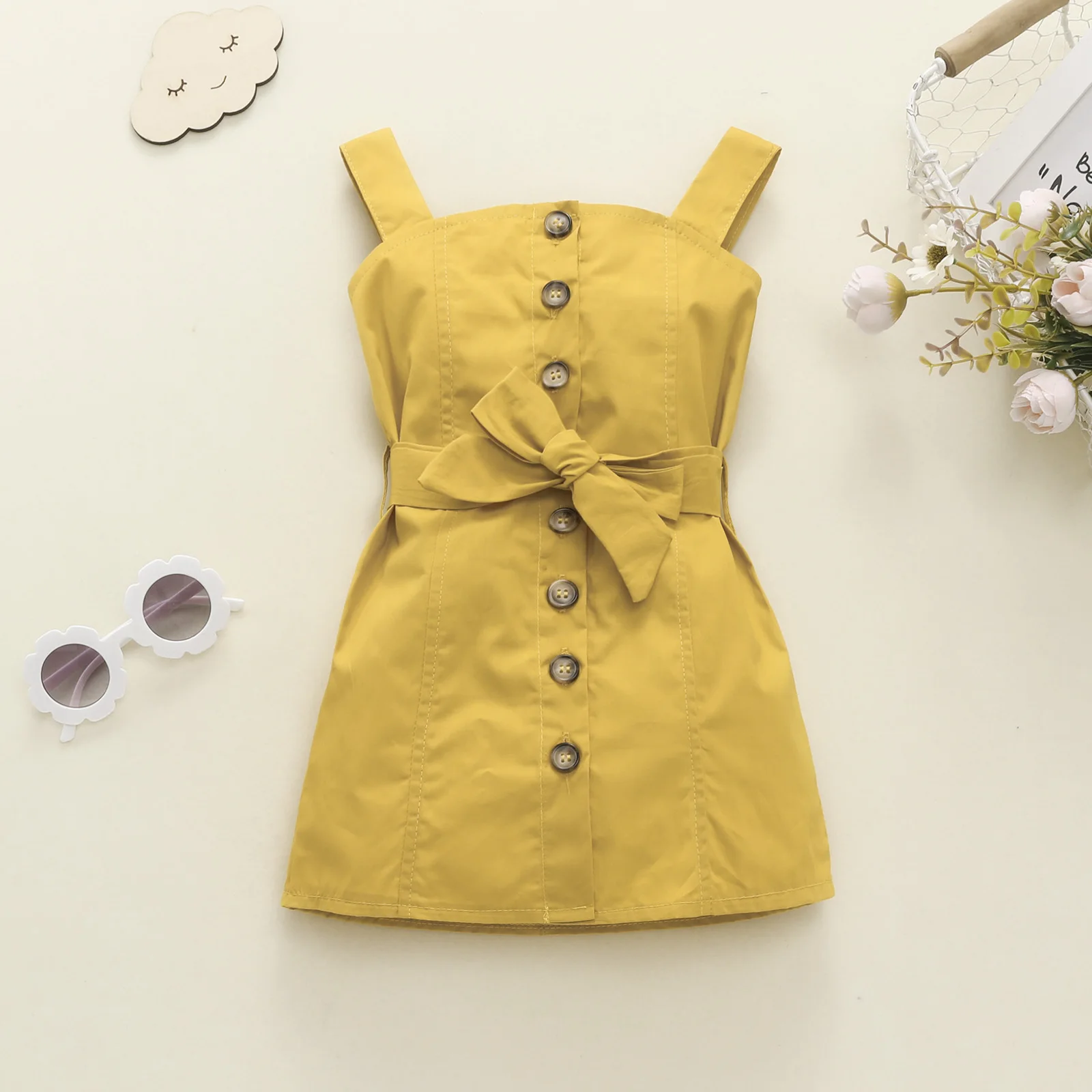 Infant Casual Sleeveless Dress Girls Tie Up Solid Color Button with Baby Girls Spring Autumn Belt Vertical Button Strap Dresses