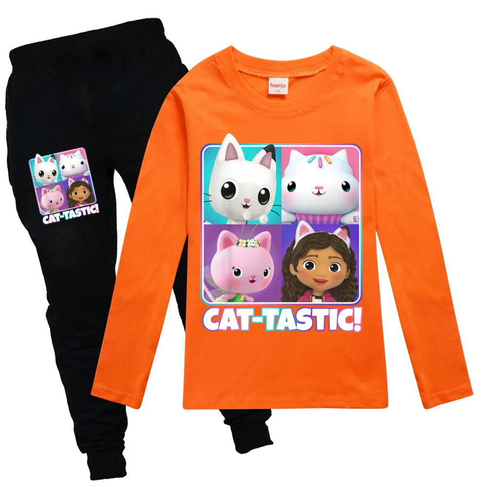 Gabby Cats Kids Clothes Girls Tastic T-shirt Tops Pants Set 2021 Autumn Long Sleeve Clothes Baby Cartoon Suits Children Outfits