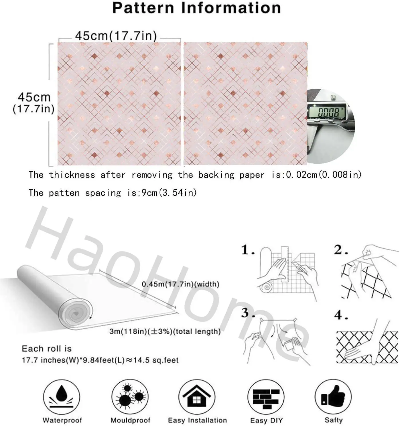 Pink Geometric Self-adhesive Wallpaper Square Pattern Peel and Stick Extra Thick Wallpaper Waterproof Wallcoverings for Home