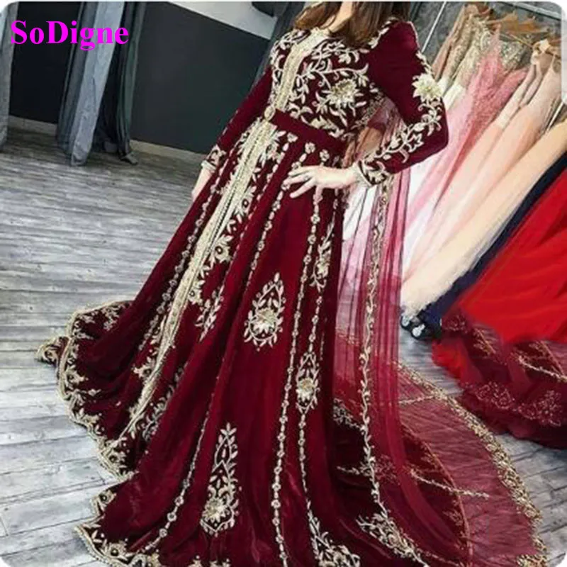 SoDigne Algeria Caftan Velour Long Evening Dress Gold Appliques Lace Muslim Prom Gowns Dubai Arabic Women Party Dresses