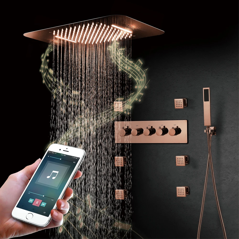 

Villa Rose Gold Polished Music Rain Shower Systems Bathroom Faucet Embedded Ceiling LED Shower Head Thermostatic Bath Mixer Taps