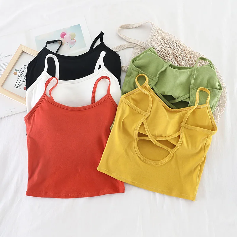 OUMEA Women Bra Tops Solid Color Spaghetti Strap Crop Top With Detachable Bra Pads Cross Back Sexy Beach Knit Crop Sporty Top