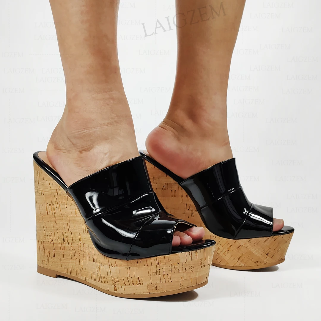 

LAIGZEM/женские туфли-лодочки на танкетке без шнуровки, сандалии, увеличивающие рост, блестящая обувь, женские туфли Salto Alto, большой размер 413, 46, 52