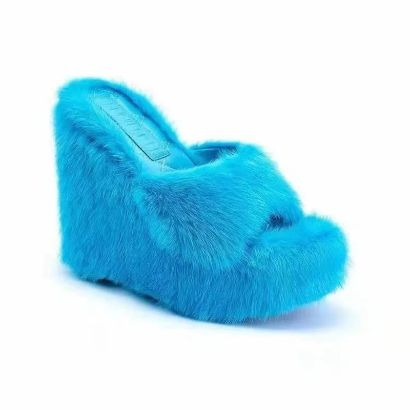 New Fur Slippers Women's Wedge Heel Shoes Women High-heeled Furry Drag Fashion Outdoor All-match Shoes Slippers Furry Slides