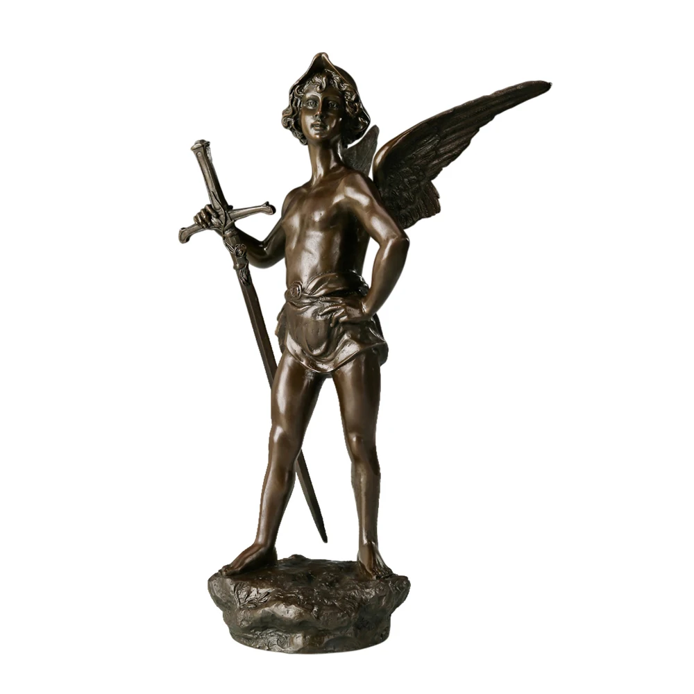 Teen Angel Wings with Sword Bronze Statue Sculpture Boy Figurine Art Children Gifts Home Decor