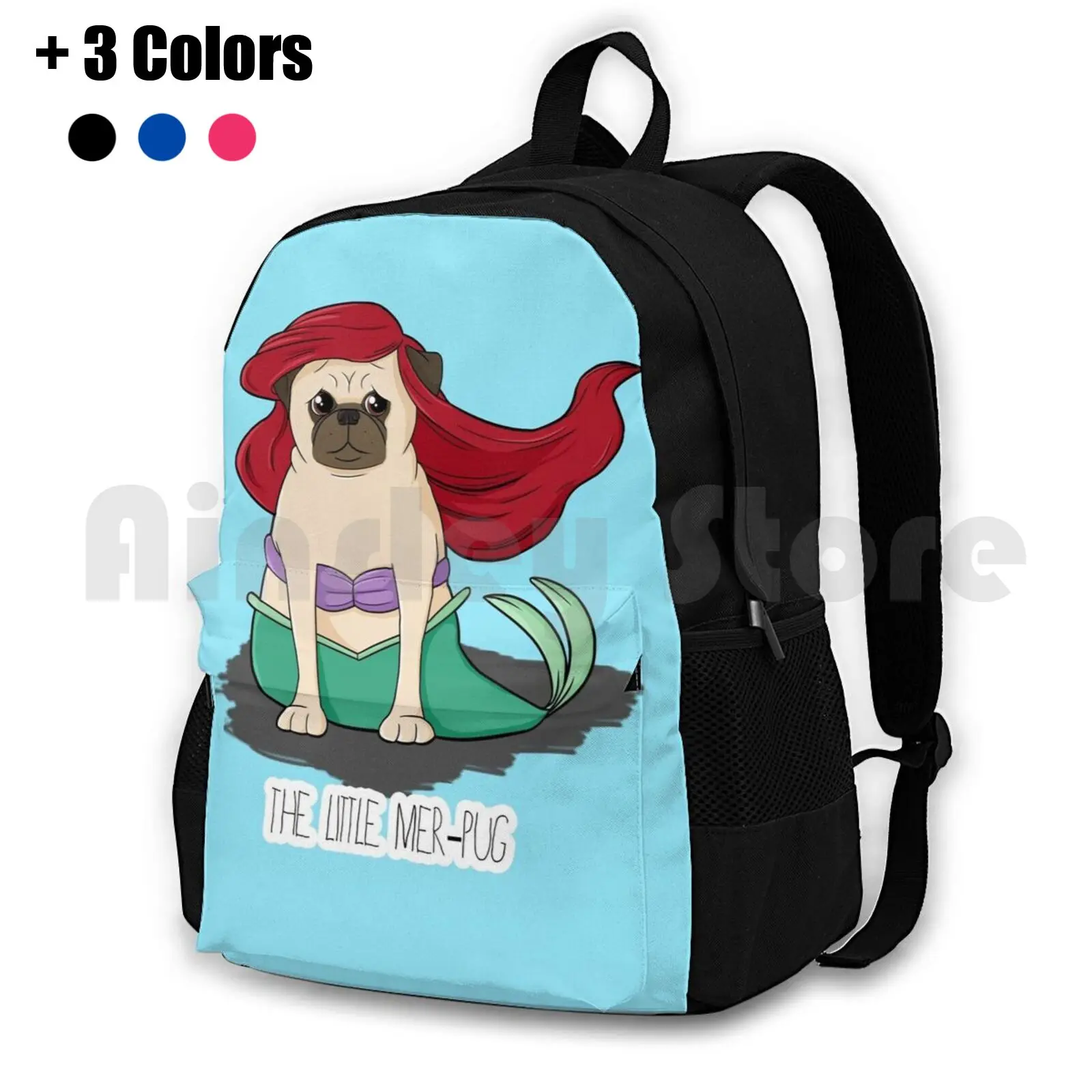 The Little Mer-Pug Outdoor Hiking Backpack Waterproof Camping Travel Pug Cute Funny Parody The Little Mermaid Mermaid Mer Pug