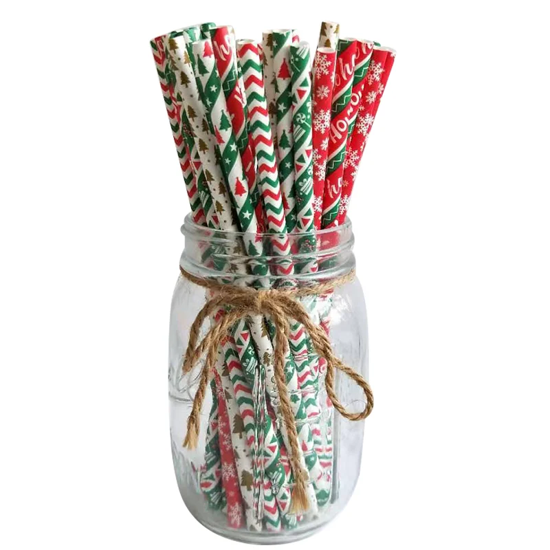 

25Pcs Birthday Wedding Straws With Red and Green Snow Christmas hats Christmas Tree Paper Straws Christmas Party Decorations