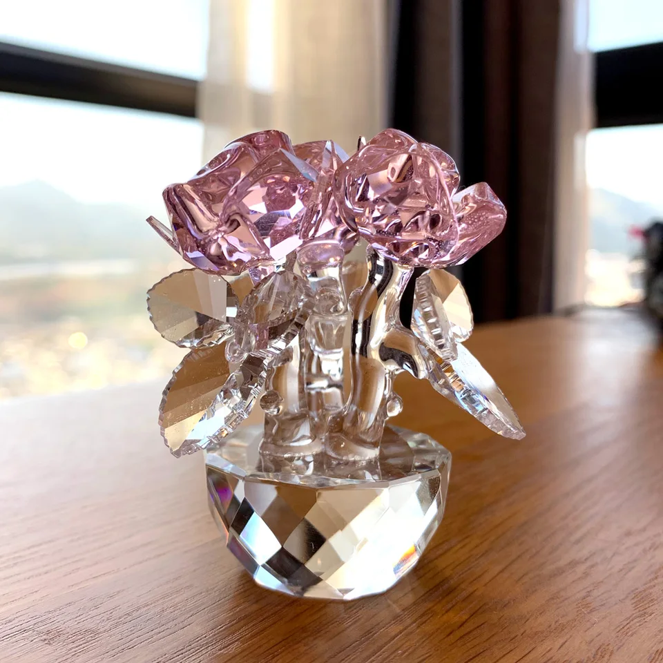 6 Colors Crystal Glass Rose Flower Figurines Unfading Bouquet