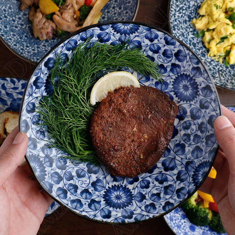 Overglaze Ceramics Plate Western Steak Pasta Dish Dining Table Main Course Fruit Trays Blue and White Porcelain Kitchen Utensils