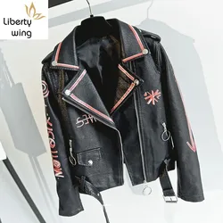 Slim Fit Moto Biker Printed Womens Faux Jackets Long Sleeve Zipper Fly Fashion Streewear Spring Female PU Leather Coats