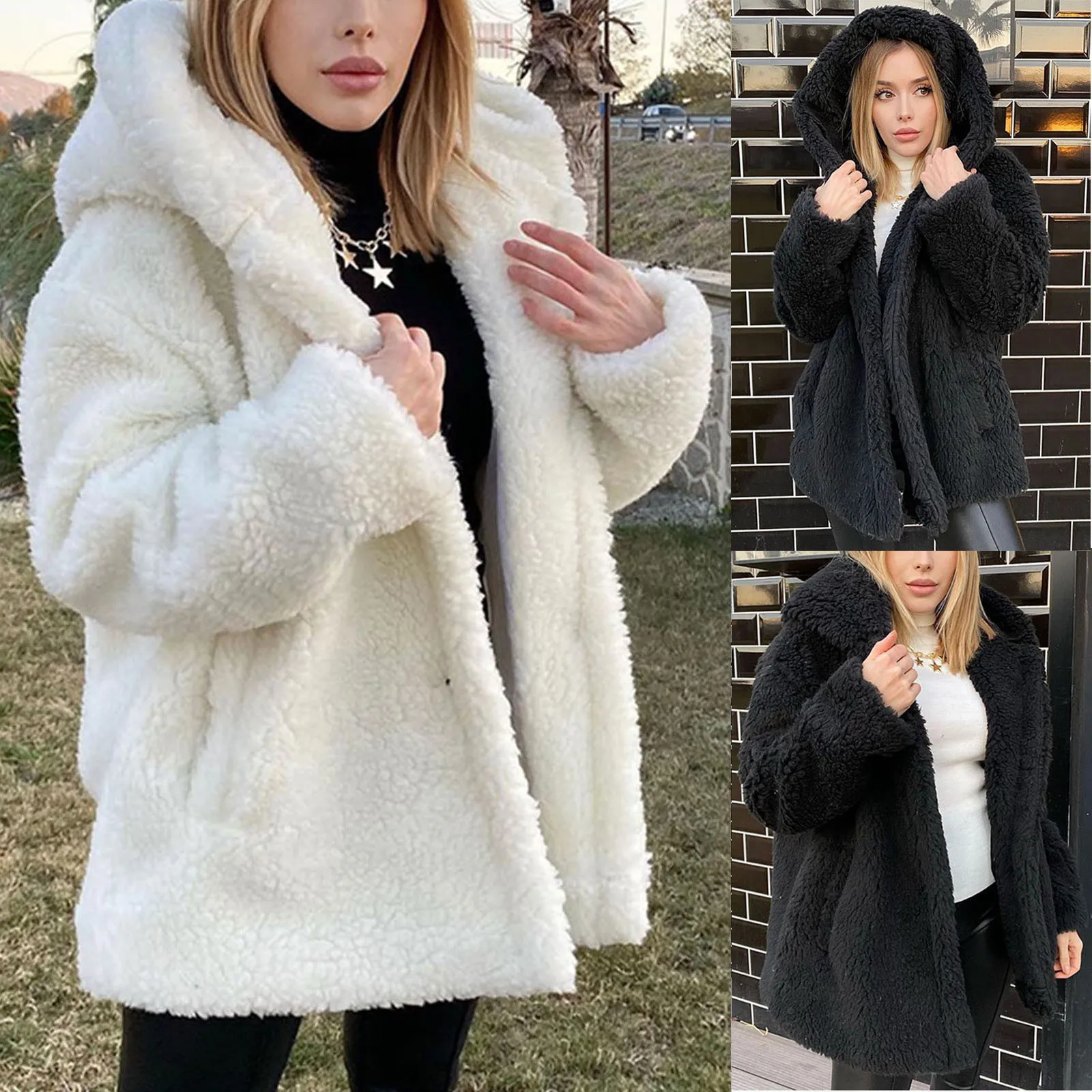 

Elegant Cardigan Faux Fur Coat Women Hooded Winter Thicken Warm Soft Jacket Female Teddy Plush Overcoat Pocket Casual Outerwear