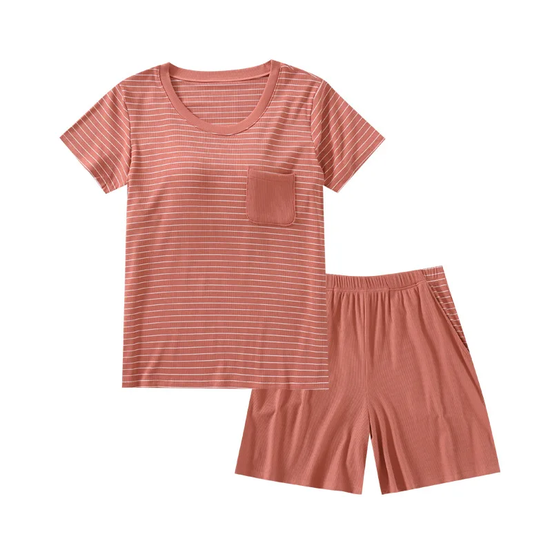 Pyjama Woman Set 2023 Casual Summer Pajamas Short Sleeve Striped Top + Pant Two Pieces Home Suit Bra Padded Sleepwear Pijama