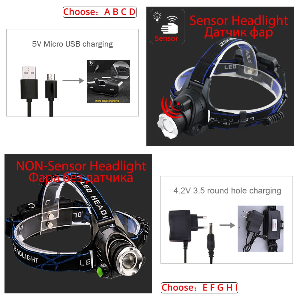 10000000LM IR Sensor LED Headlight Fishing Headlamp V6/L2/T6 Waterproof Head Lamp Torch Zoomable Forehead Lamp Use 18650 Battery