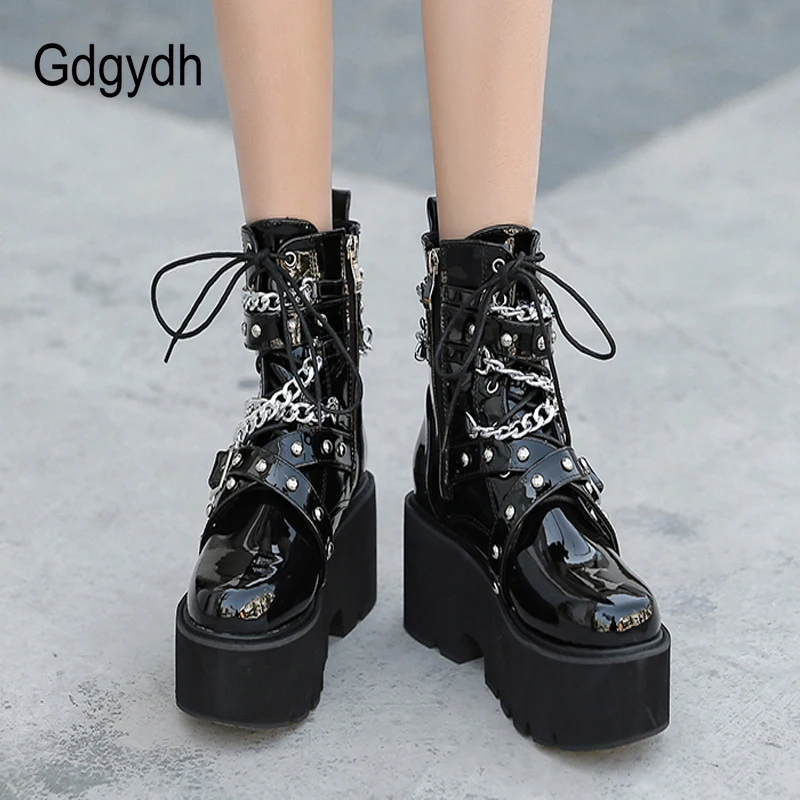 Gdgydh Autumn Winter Boots Women Sexy Chain Boots Ankle Buckle Strap Ankle Boots Square Heel Thick Sole Platform Rock Punk Style